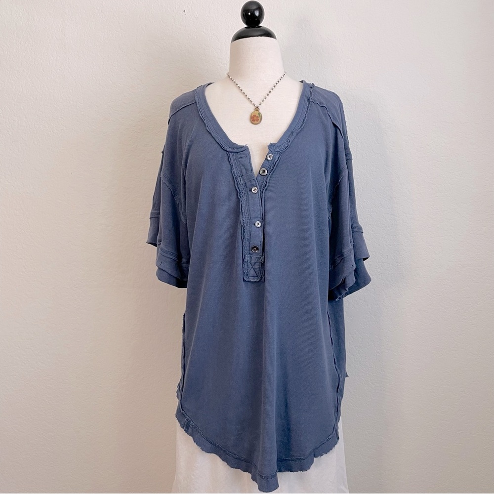 We The Free Blue Slouchy Oversized Henley Tee/Shirt/Tunic